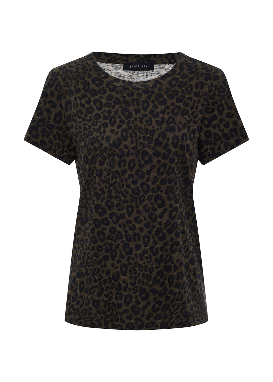 Short sleeve crew neck tee with dark olive and black leopard print, ghost mannequin front view