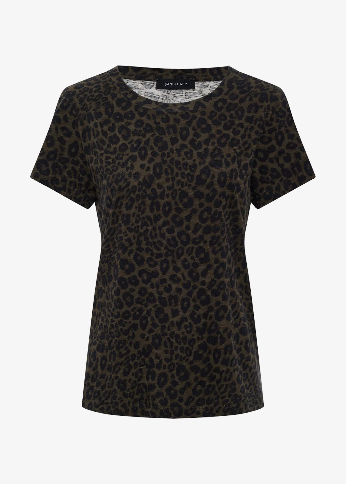 Short sleeve crew neck tee with dark olive and black leopard print, ghost mannequin front view