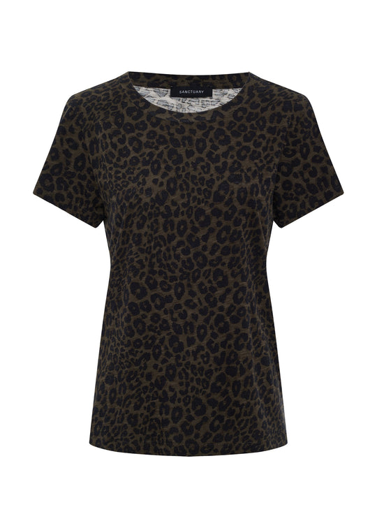 Short sleeve crew neck tee with dark olive and black leopard print, ghost mannequin front view