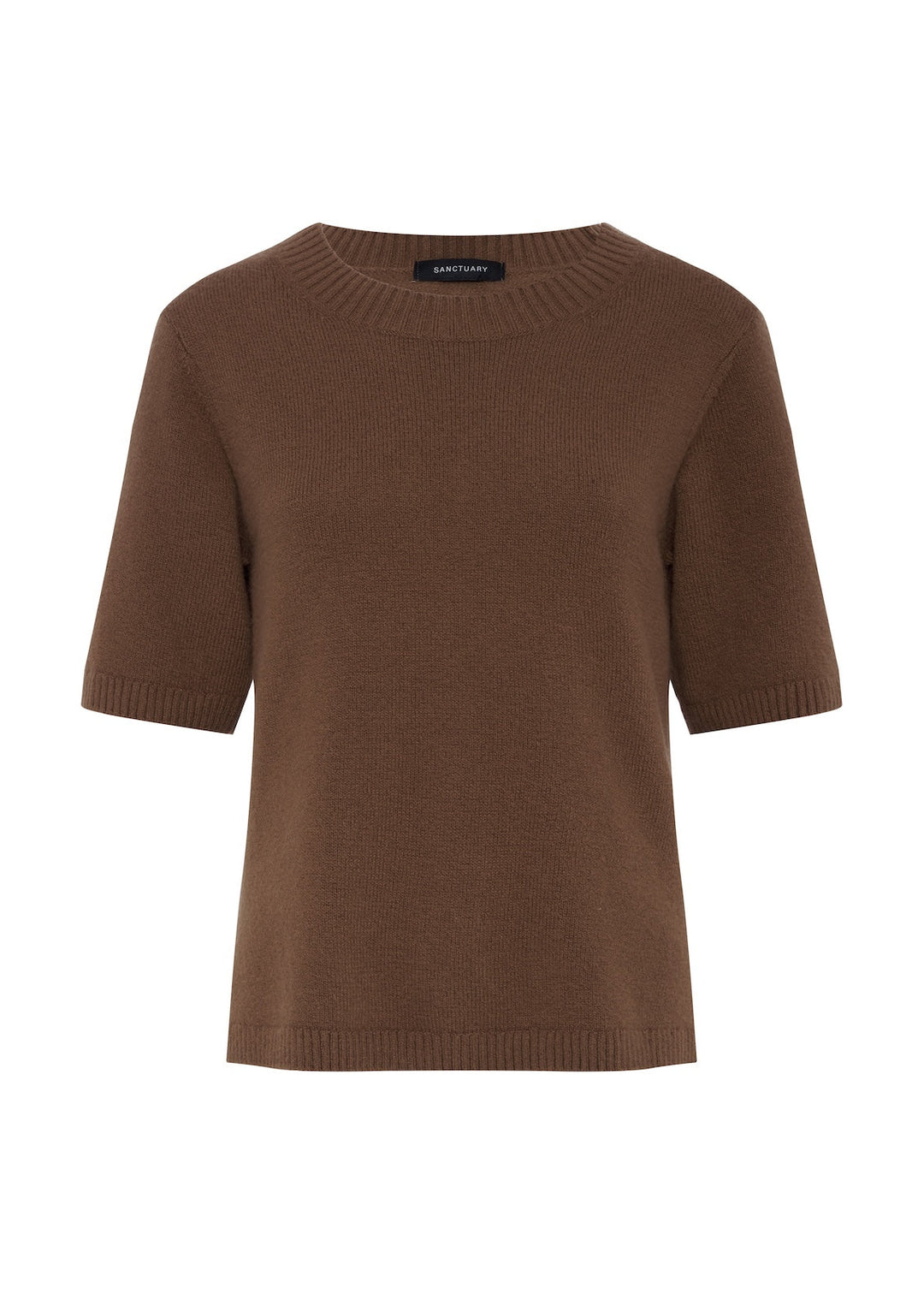 Brown short-sleeve knit tee with ribbed crew neck and hem, brand label at collar