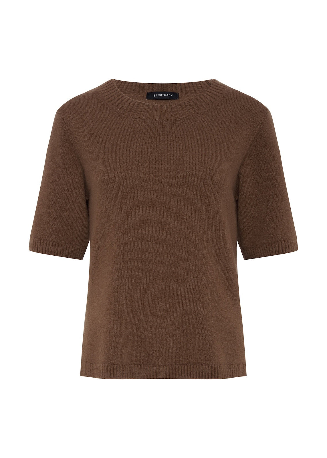Brown short-sleeve knit tee with ribbed crew neck and hem, brand label at collar