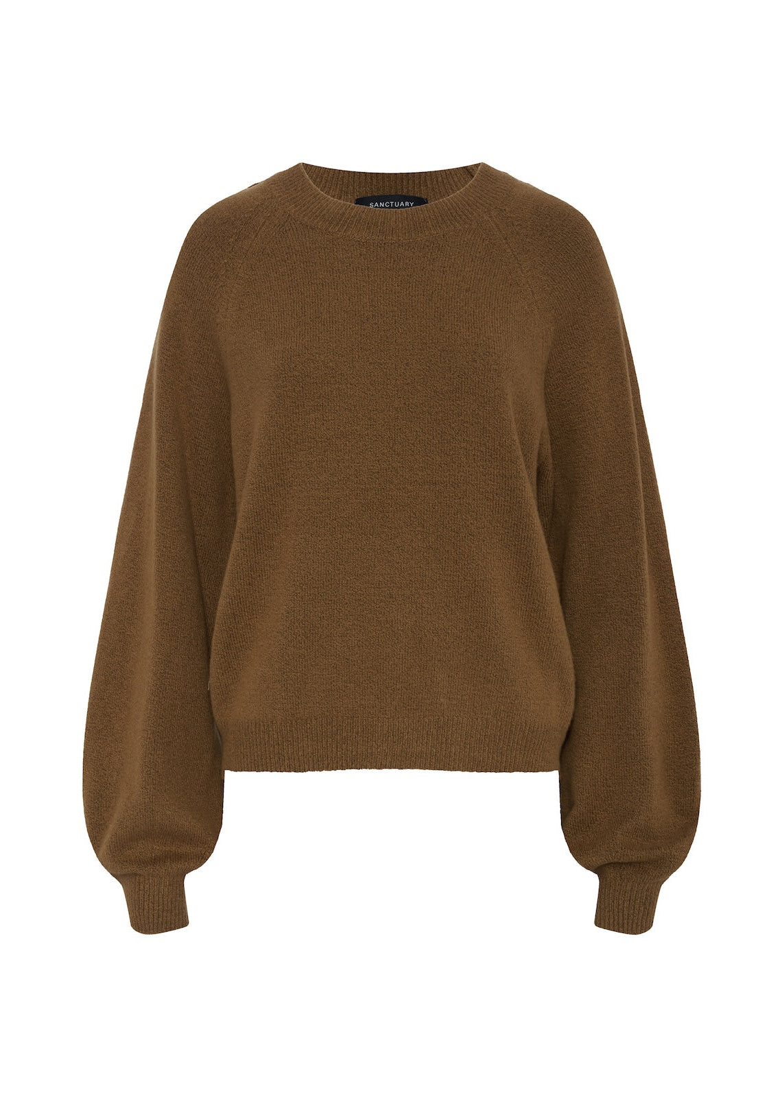 Cocoa brown crewneck long-sleeve knit sweater with ribbed cuffs and hem