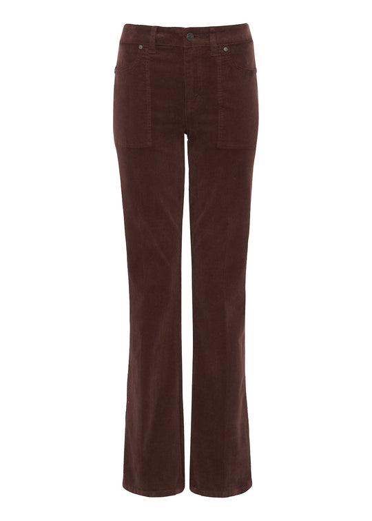 Burnt cocoa bootcut jeans flat lay with front pockets and belt loops