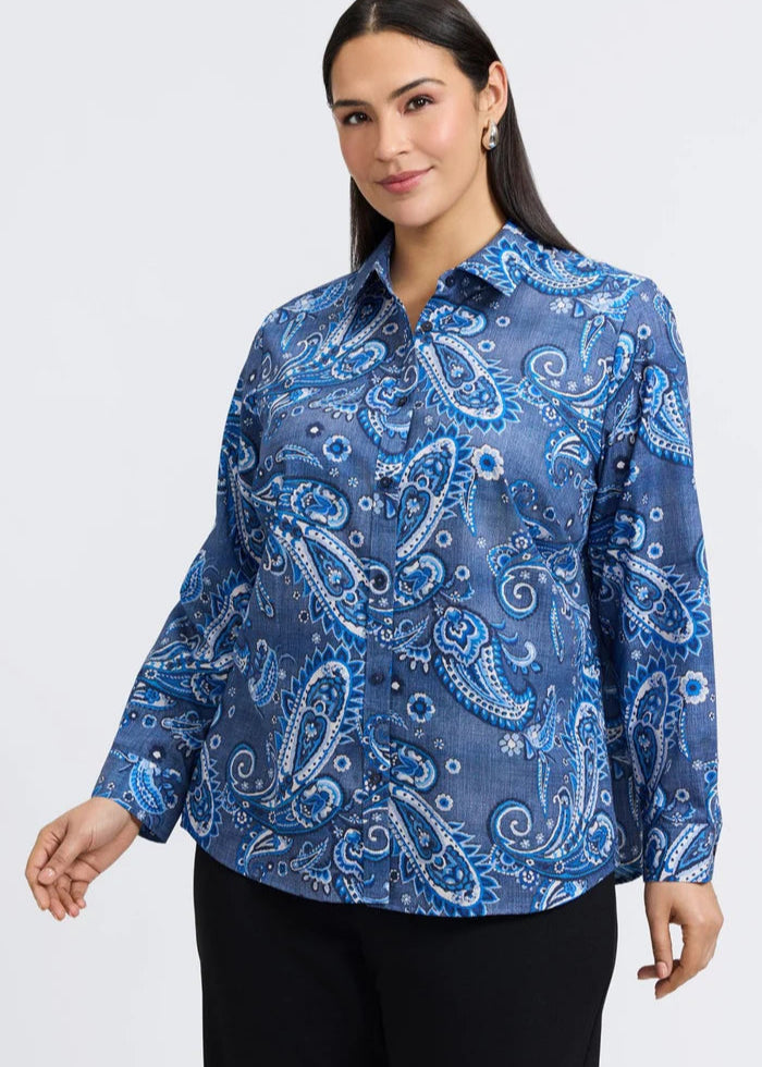 Front view of plus size Foxcroft Hampton Paisley denim long sleeve shirt