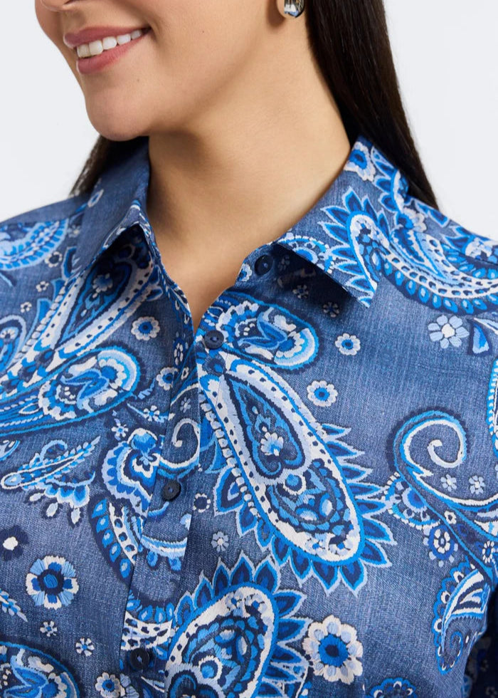 Close up Front view of plus size Foxcroft Hampton Paisley denim long sleeve 