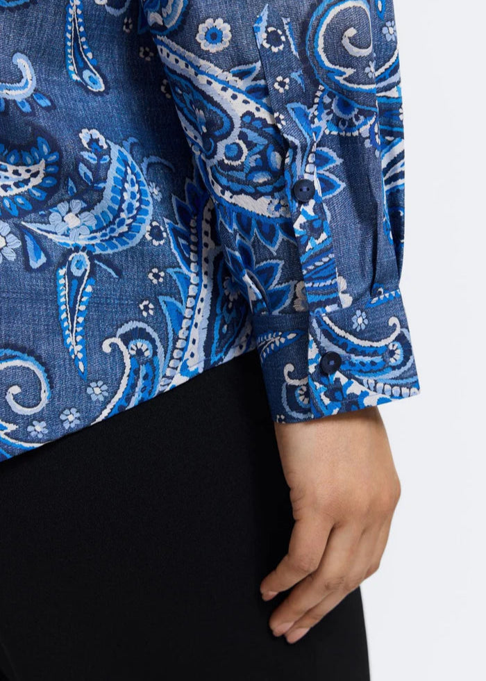 Close up view of plus size Foxcroft Hampton Paisley denim long sleeve 