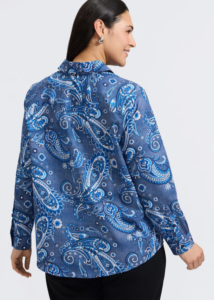 back view of plus size Foxcroft Hampton Paisley denim long sleeve 