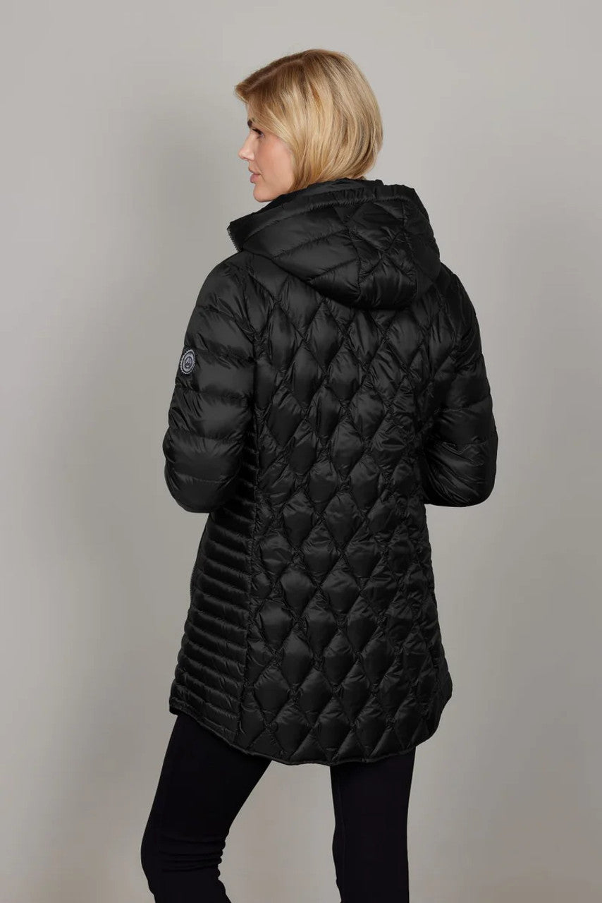 Junge Light Feather Weight Car Length Coat with Curved Hem and Detachable Hood in Black