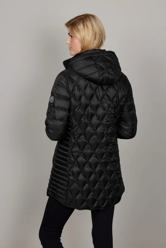 Junge Light Feather Weight Car Length Coat with Curved Hem and Detachable Hood in Black