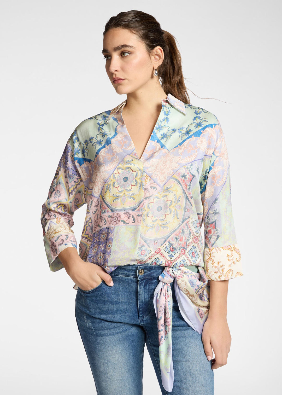 front view of plus size Elena Miro Printed Viscose Twill Oval Polo in Pink Lilac Beige