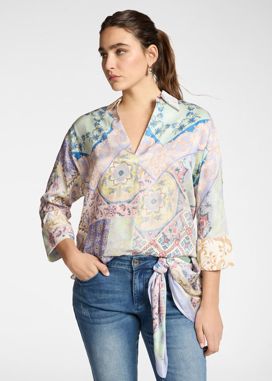 front view of plus size Elena Miro Printed Viscose Twill Oval Polo in Pink Lilac Beige