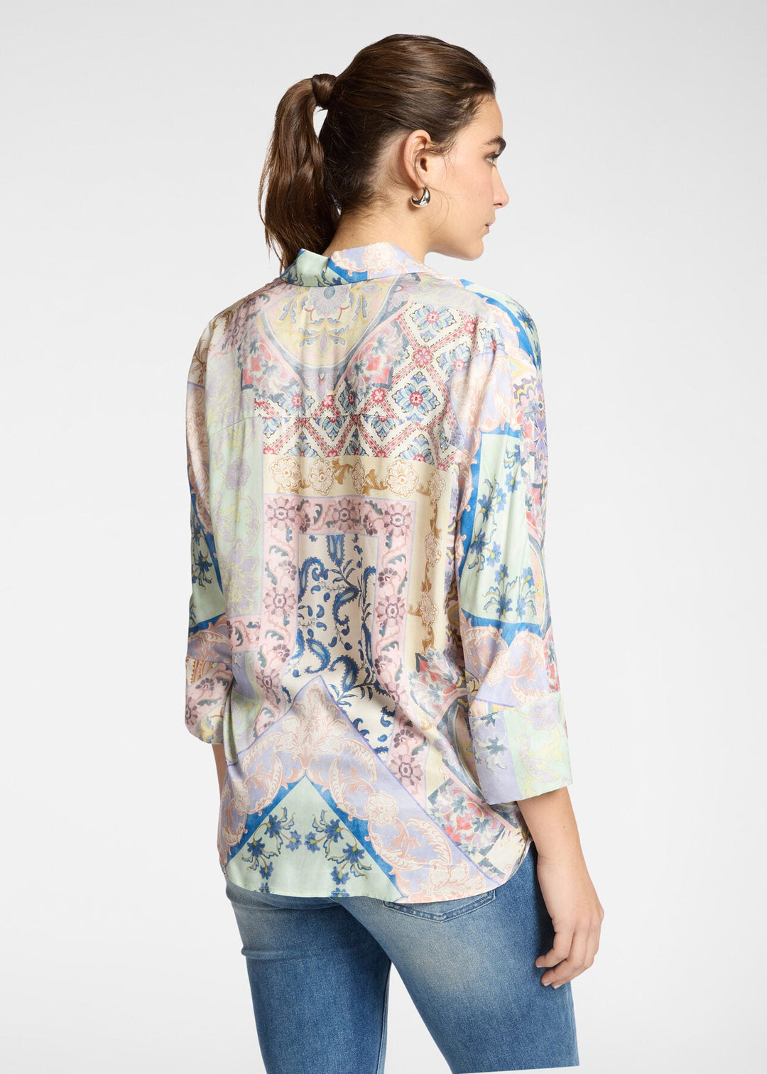 back view of plus size Elena Miro Printed Viscose Twill Oval Polo in Pink Lilac Beige