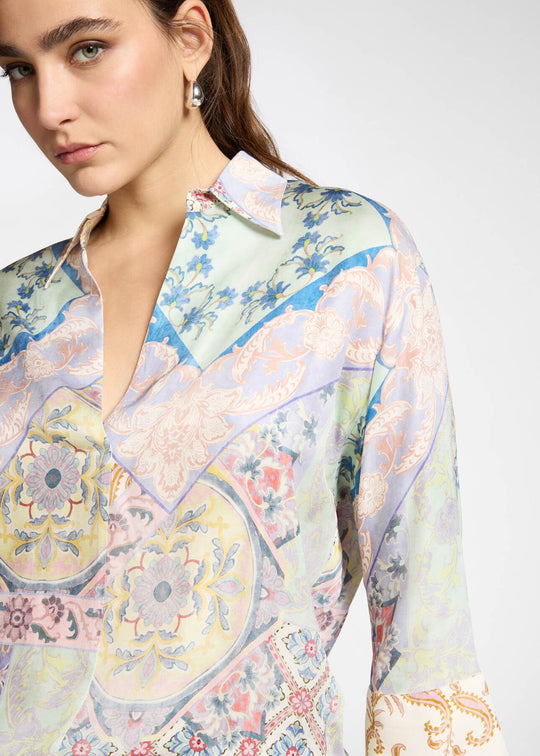 close up front view of plus size Elena Miro Printed Viscose Twill Oval Polo in Pink Lilac Beige