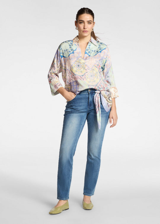 front view of plus size Elena Miro Printed Viscose Twill Oval Polo in Pink Lilac Beige