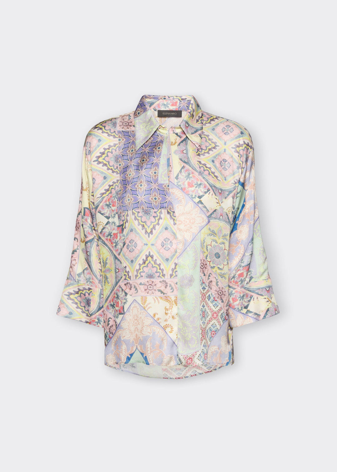 front view of plus size Elena Miro Printed Viscose Twill Oval Polo in Pink Lilac Beige