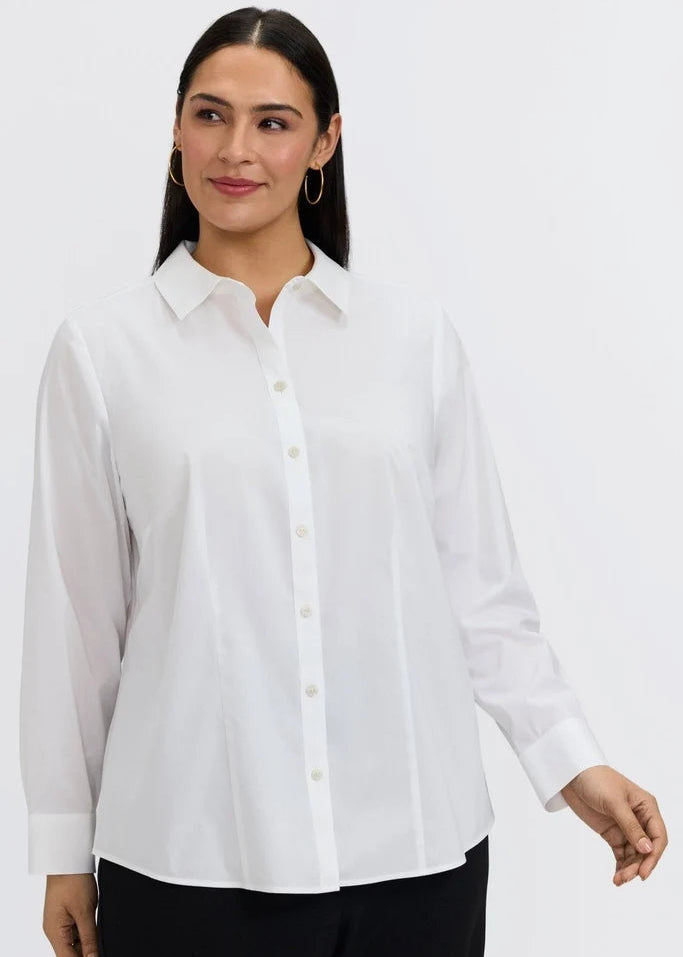 Foxcroft white long-sleeve button-up shirt with pointed collar and straight hem