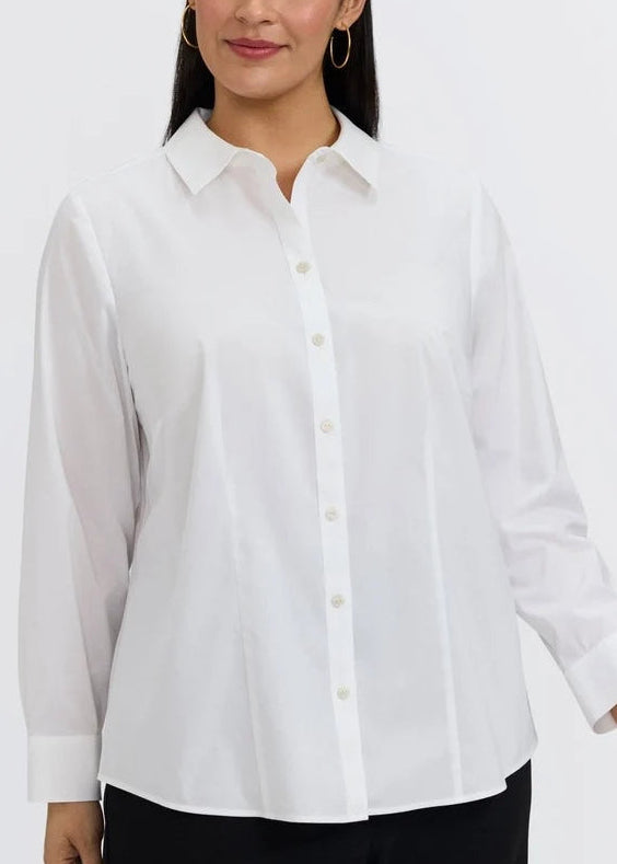 Women's white stretch cotton long-sleeve button-up shirt