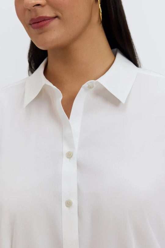 Foxcroft white long-sleeve button-up shirt, pointed collar and round button placket
