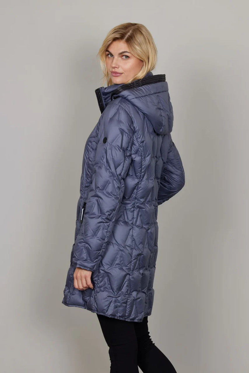 Junge Light Down 3/4 Length Diamond quilted Coat with Detachable Hood in Ocean Blue