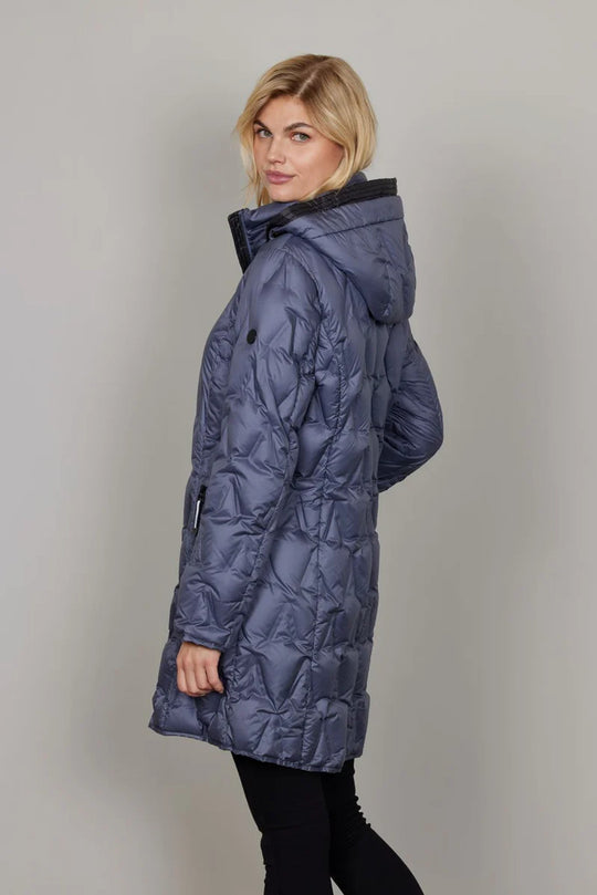 Junge Light Down 3/4 Length Diamond quilted Coat with Detachable Hood in Ocean Blue