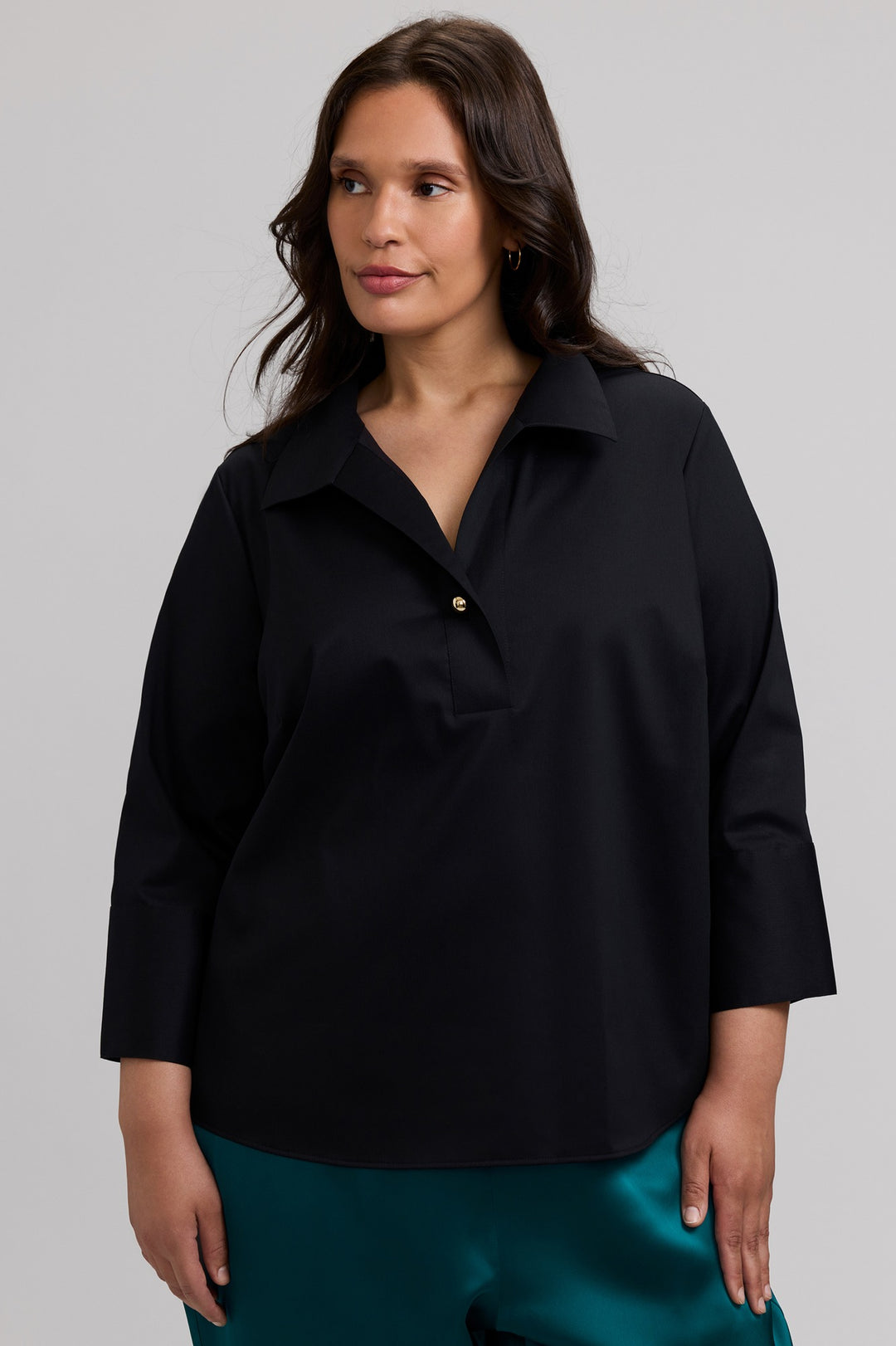 Black 3/4-sleeve popover blouse with V-neck collar and gold buttons