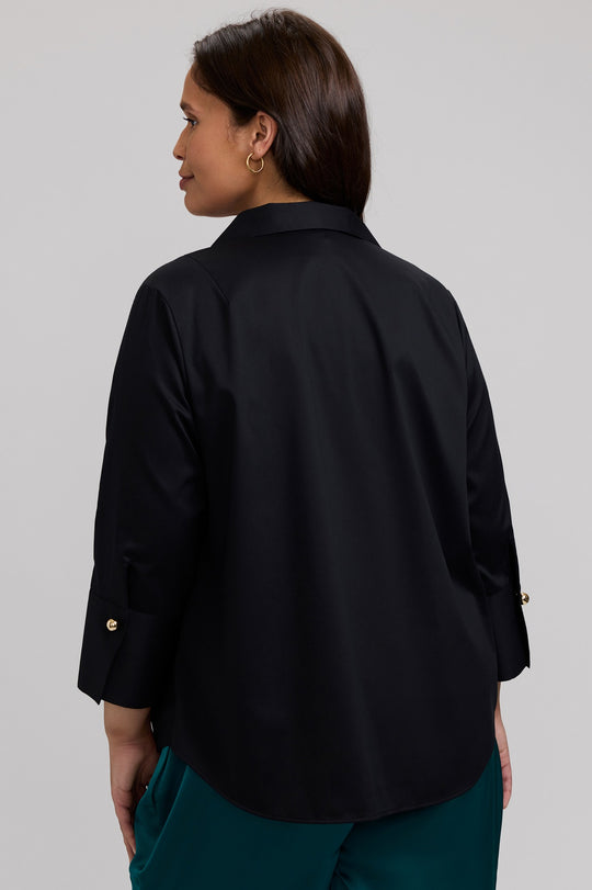 Black 3/4-sleeve popover blouse with collar and gold button detail