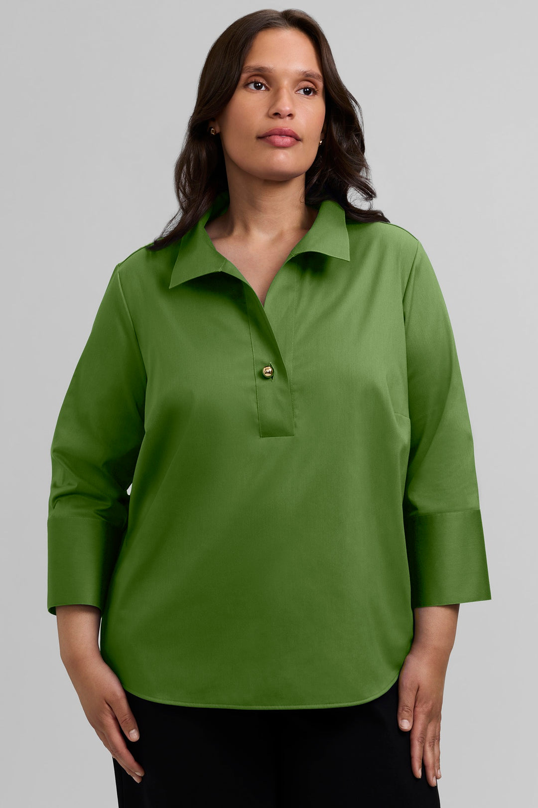 Moss green 3/4-sleeve popover blouse with gold button placket, front view