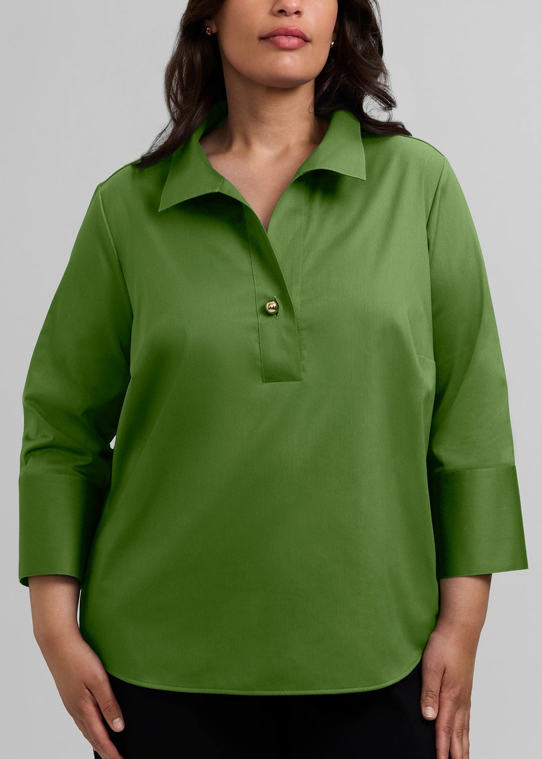 Moss green stretch popover shirt with gold-button placket and 3/4 sleeves