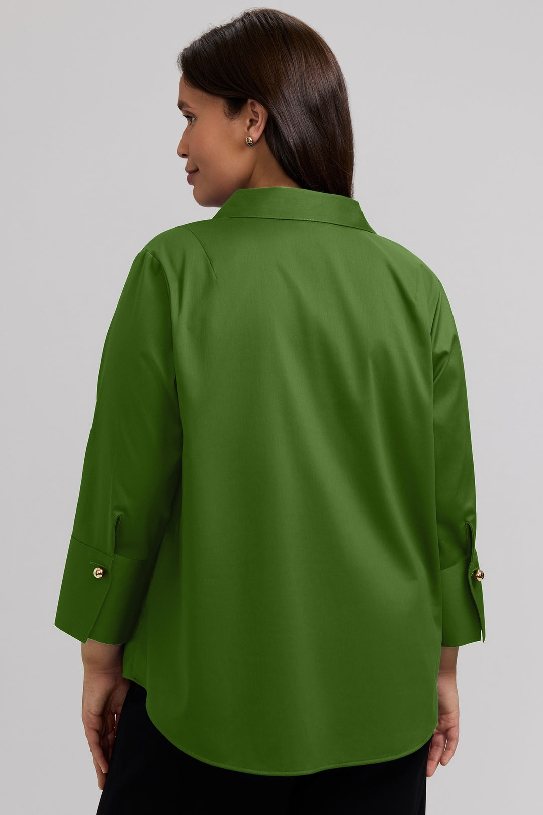 Moss green 3/4-sleeve popover blouse with gold buttons, back view