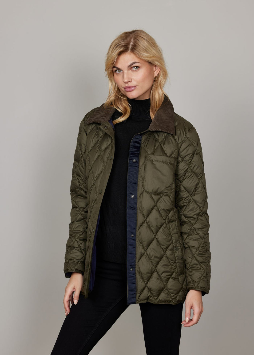 front view of plus size Junge Mona Diamond Quilted Jacket with Corduroy collar in Olive