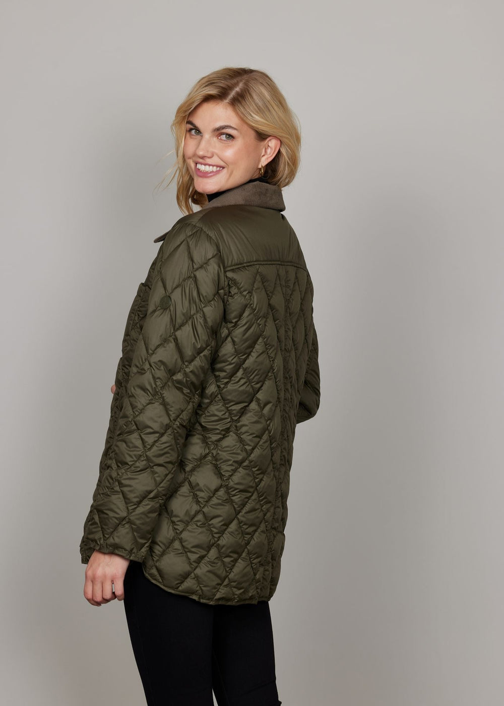 back view of plus size Junge Mona Diamond Quilted Jacket with Corduroy collar in Olive