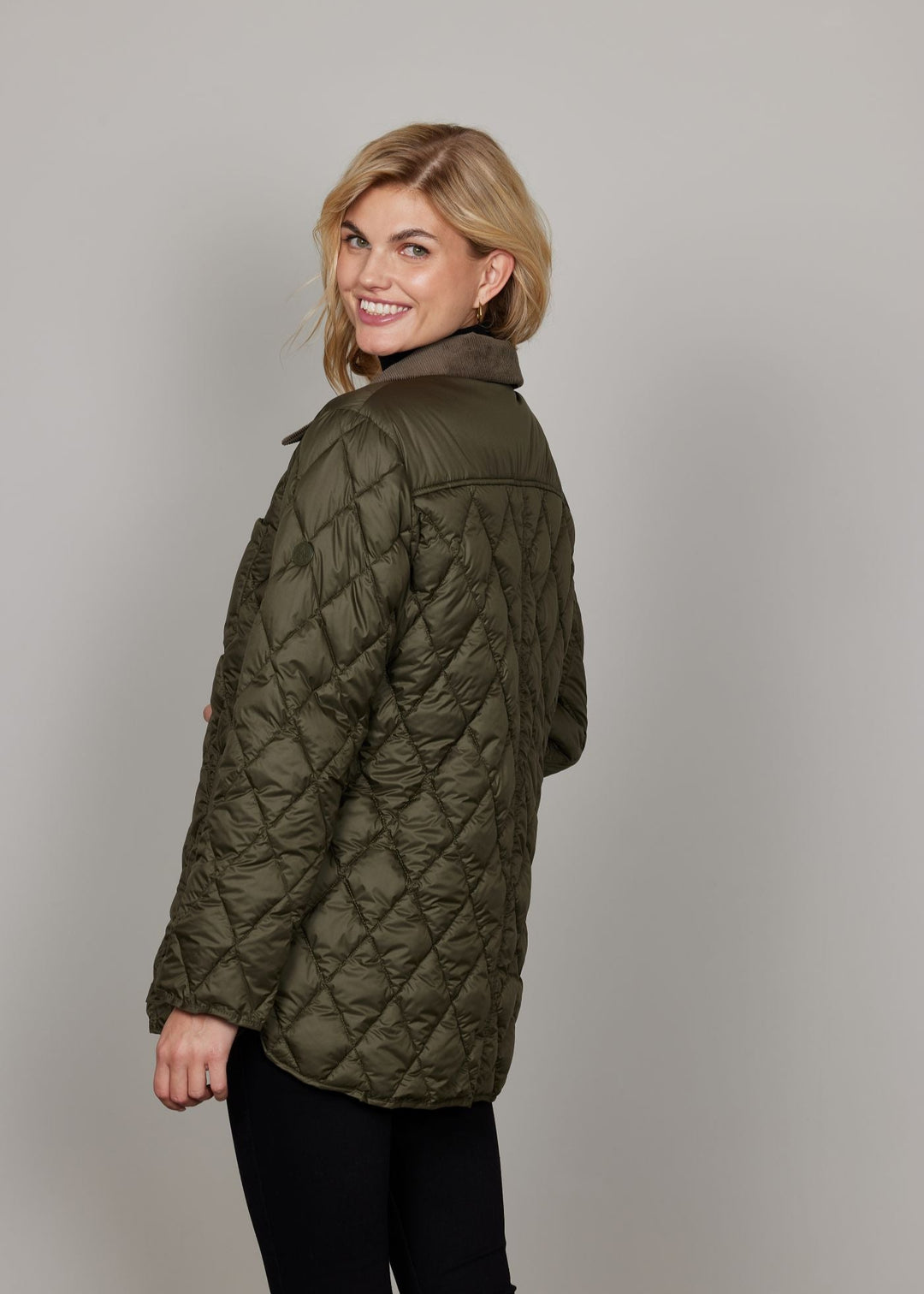 back view of plus size Junge Mona Diamond Quilted Jacket with Corduroy collar in Olive