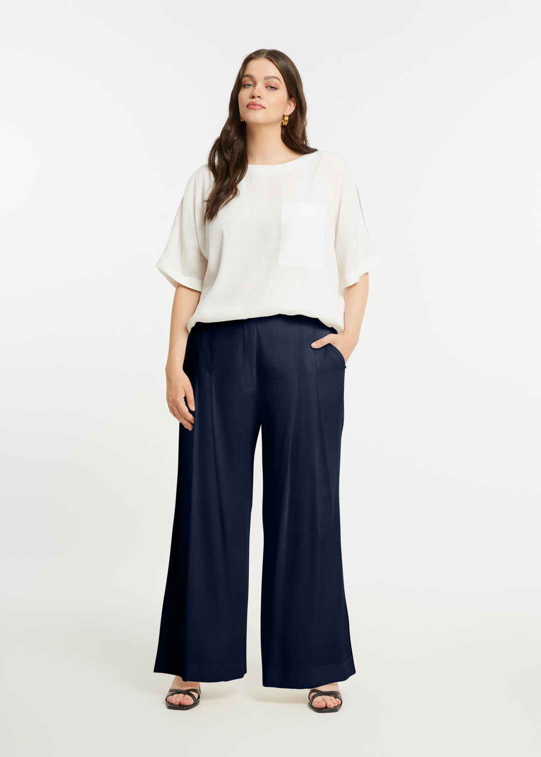 front view of plus size Mat Fly Front Wide Leg Pant with Side Stripe in Navy Blue