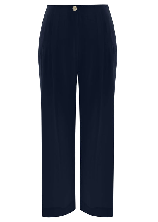 front view of plus size Mat Fly Front Wide Leg Pant with Side Stripe in Navy Blue