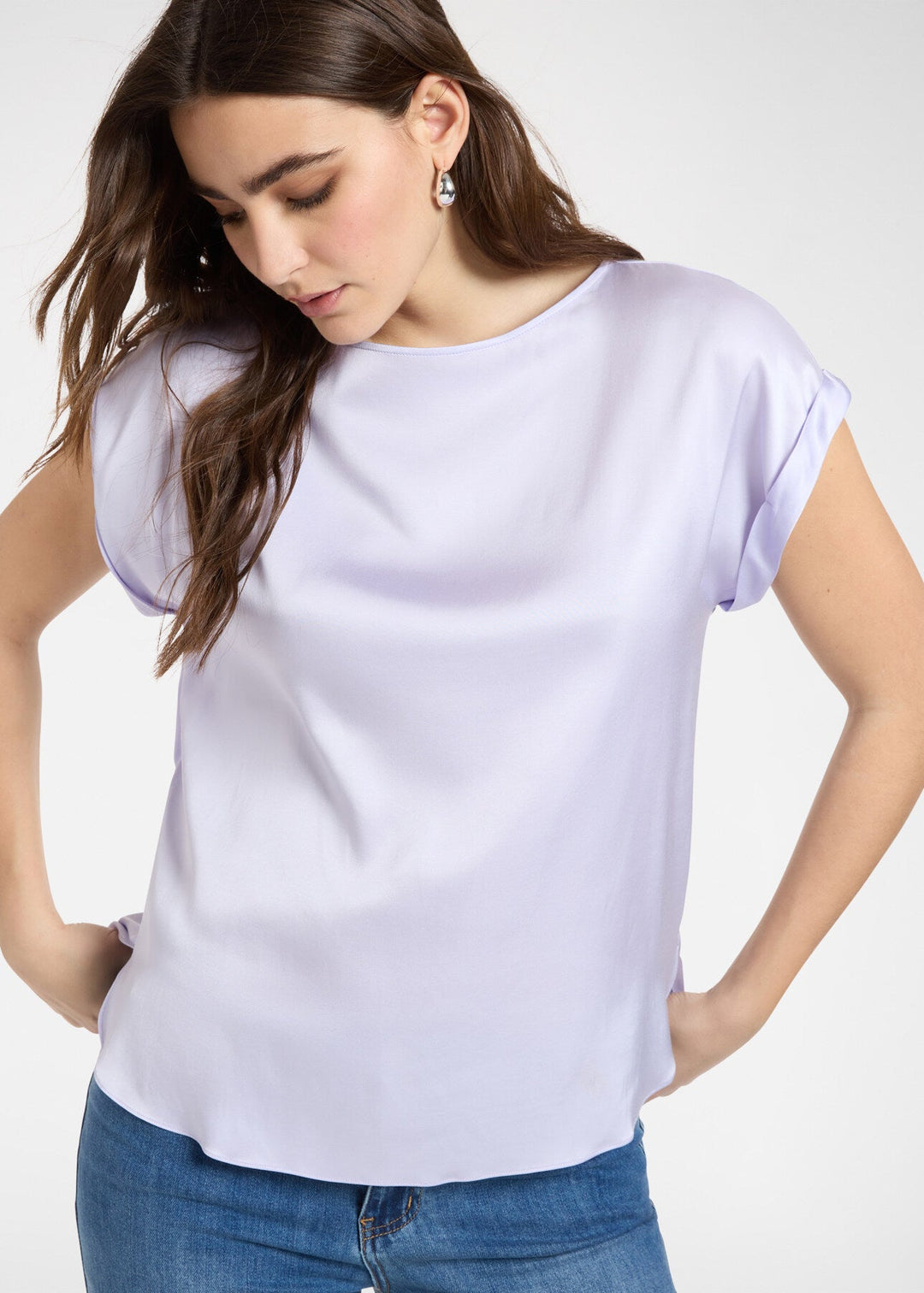 front view of plus size Elena Miro Stretch Satin Seamless Top in Lilac