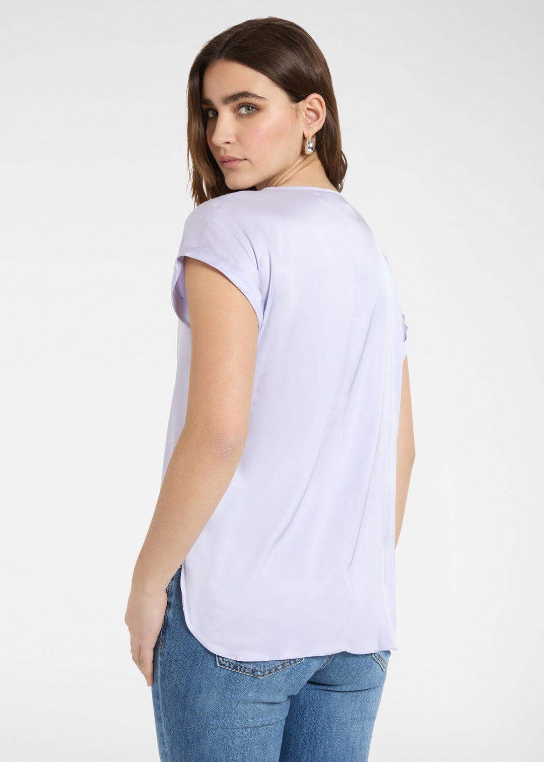 back view of plus size Elena Miro Stretch Satin Seamless Top in Lilac