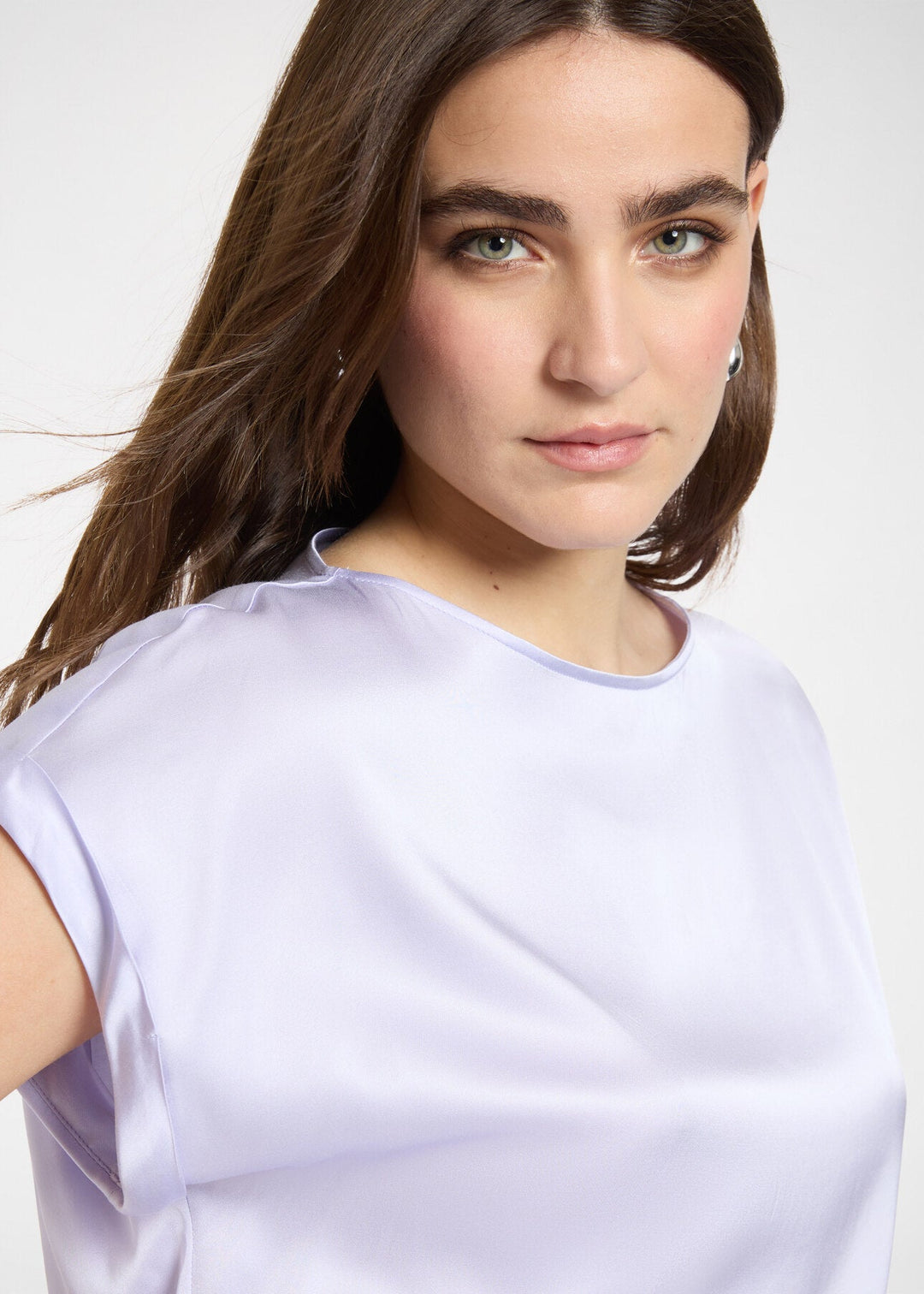 front view of plus size Elena Miro Stretch Satin Seamless Top in Lilac