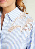 close up front view of plus size Luisa Viola Striped Shirt with Embroidery detail in Blue/Wht