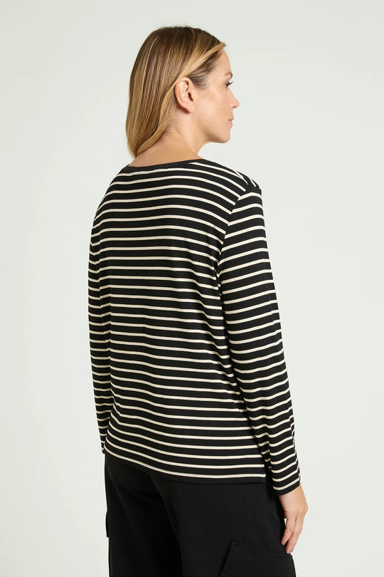 Back view of black and milky striped long sleeve jersey tee