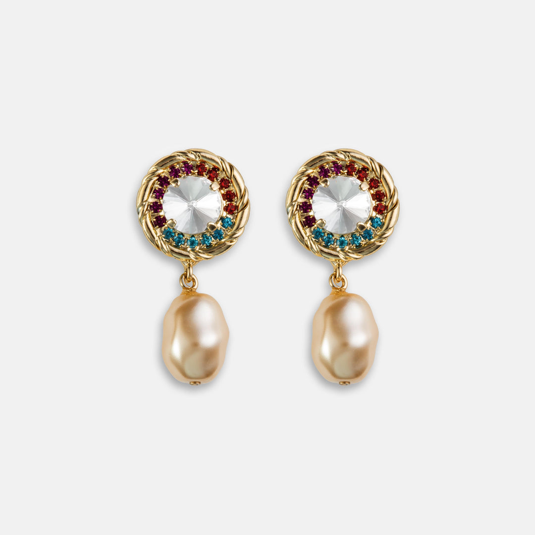 Drop earrings with gold rope-edged crystal stud and dangling baroque pearl pendant