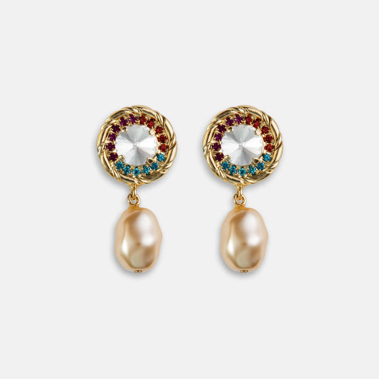 Drop earrings with gold rope-edged crystal stud and dangling baroque pearl pendant
