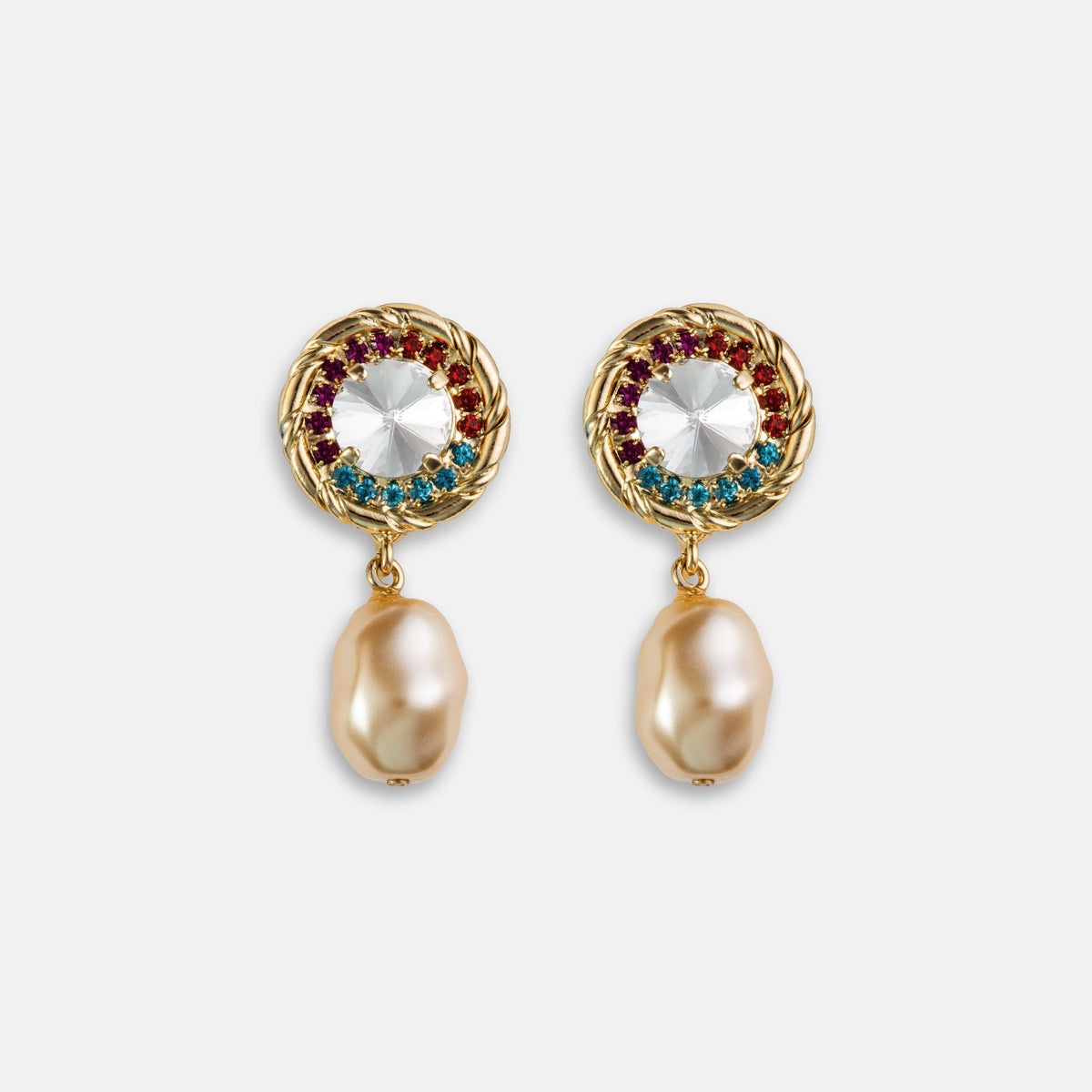 Gold-tone round halo earrings with pearl drop, clear stones, hook back