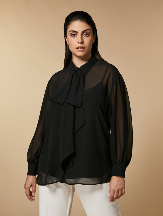 Marina Rinaldi Brenda Crepe Georgette Long Sleeve Blouse with Cami in Black