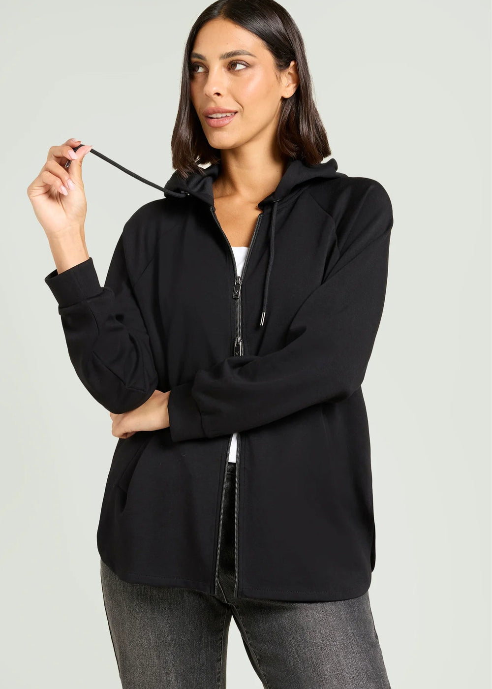 front view of plus size Luisa Viola Scuba Jersey Zip front Hoodie in Midnight