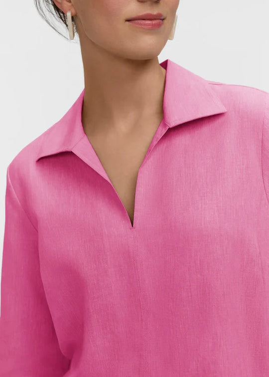 close up front view of plus size Foxcroft Agnes 3/4 Sleeve Linen Blend Shirt in Cosmo Pink