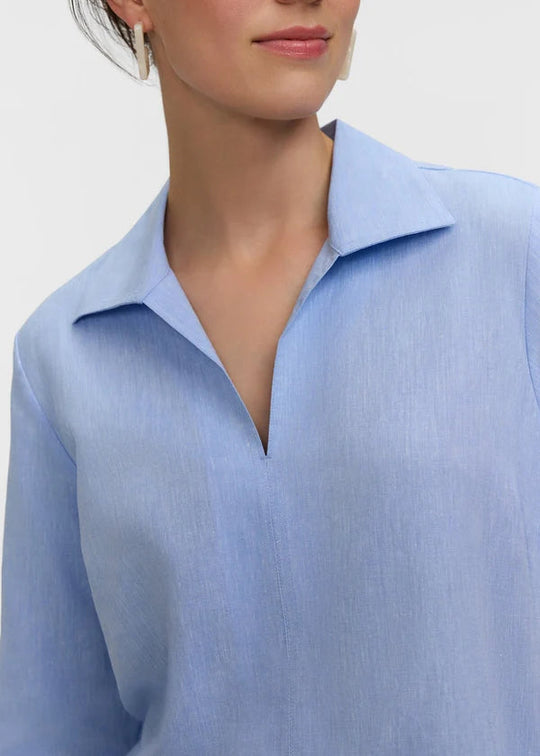 front view of plus size Foxcroft Agnes 3/4 Sleeve Linen Blend Shirt in Powder Blue