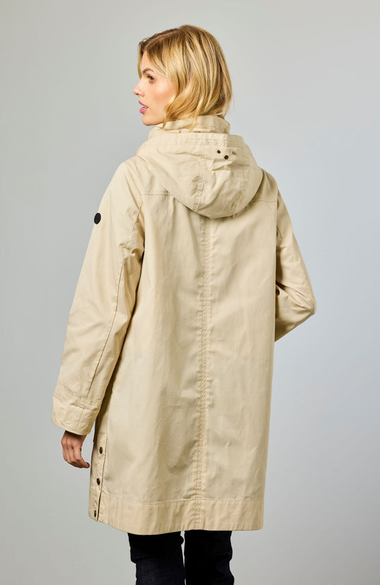 Junge Nora A line coat with zip front and plaid lining in Sand