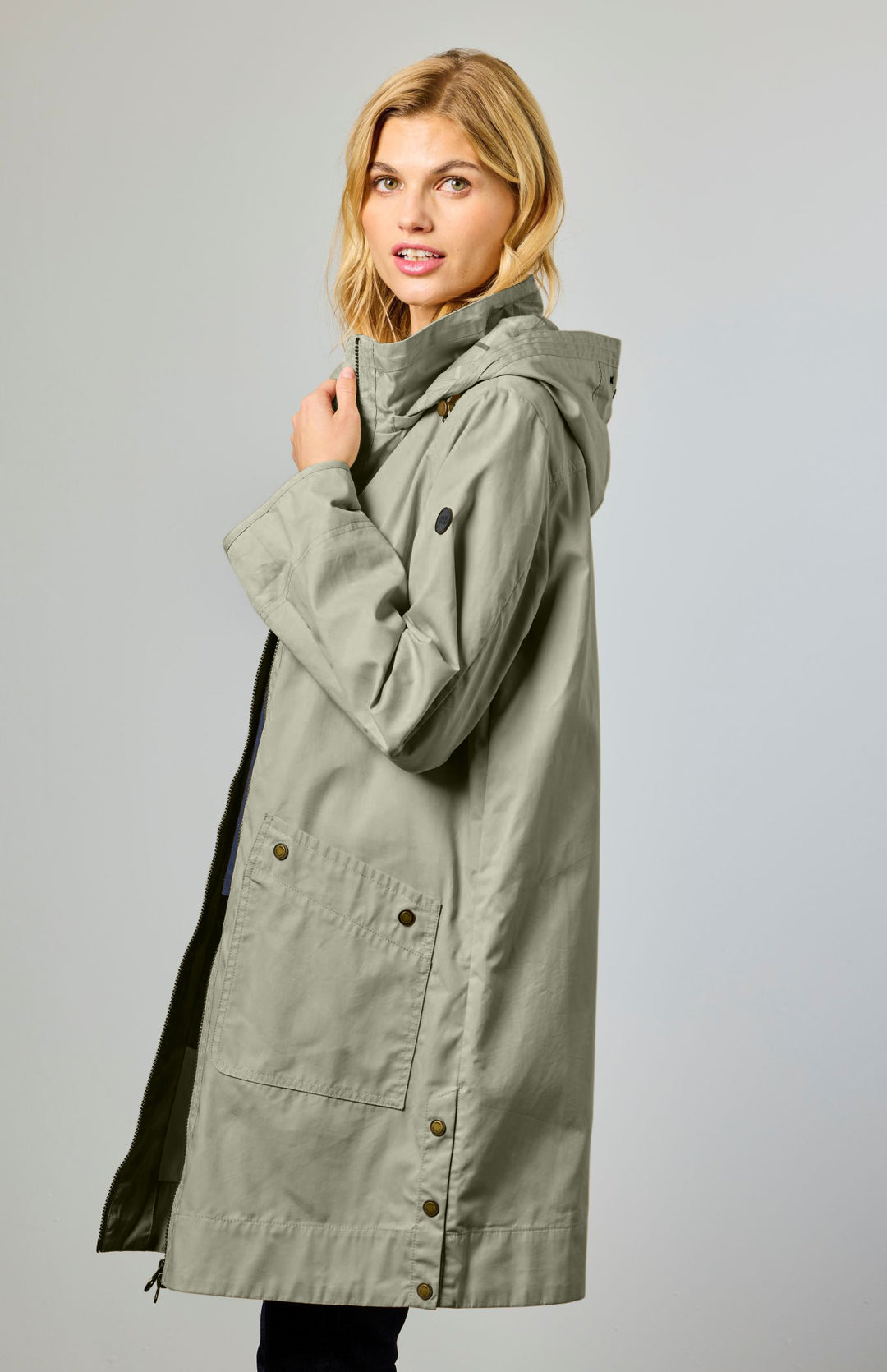 Junge Nora A line coat with zip front and plaid lining in Stone