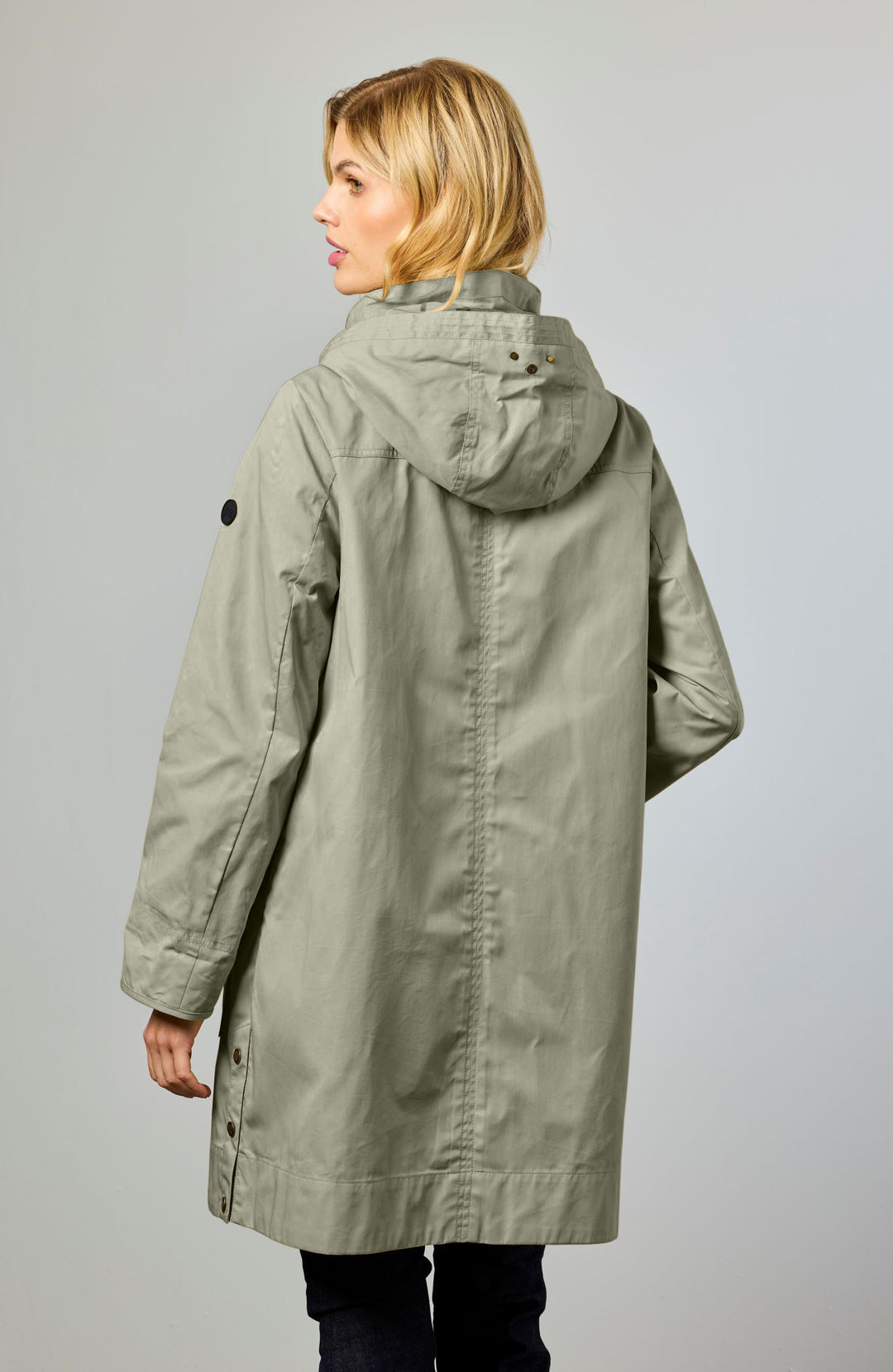 Junge Nora A line coat with zip front and plaid lining in Stone