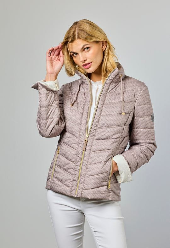 Junge Quilted Elizabeth print Puffer with drawstring collar in Blush